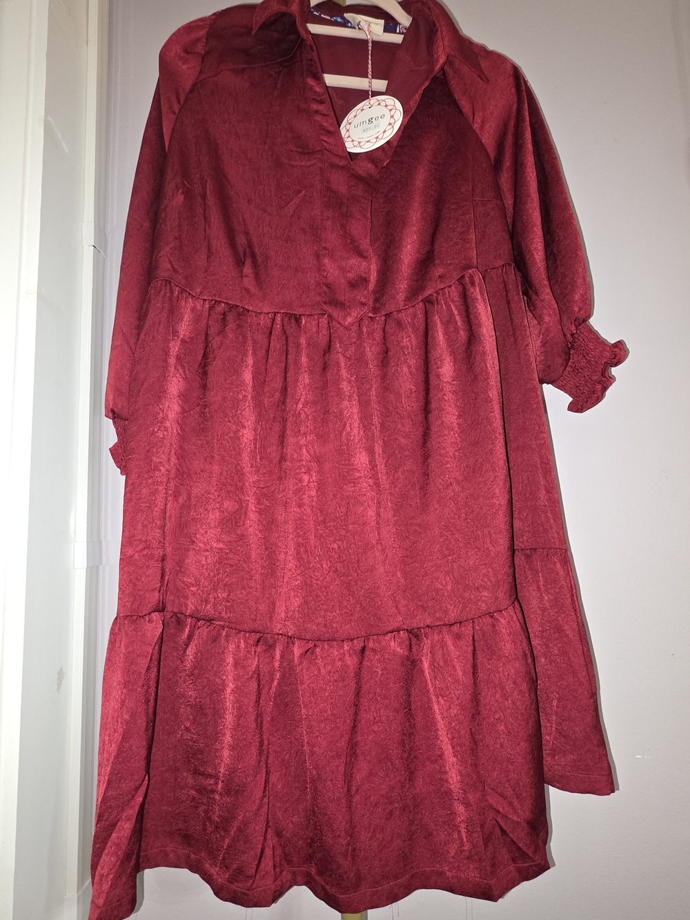 Umgee Burgundy Tiered Button-Front Shirt Dress HOLIDAY Christmas Lux